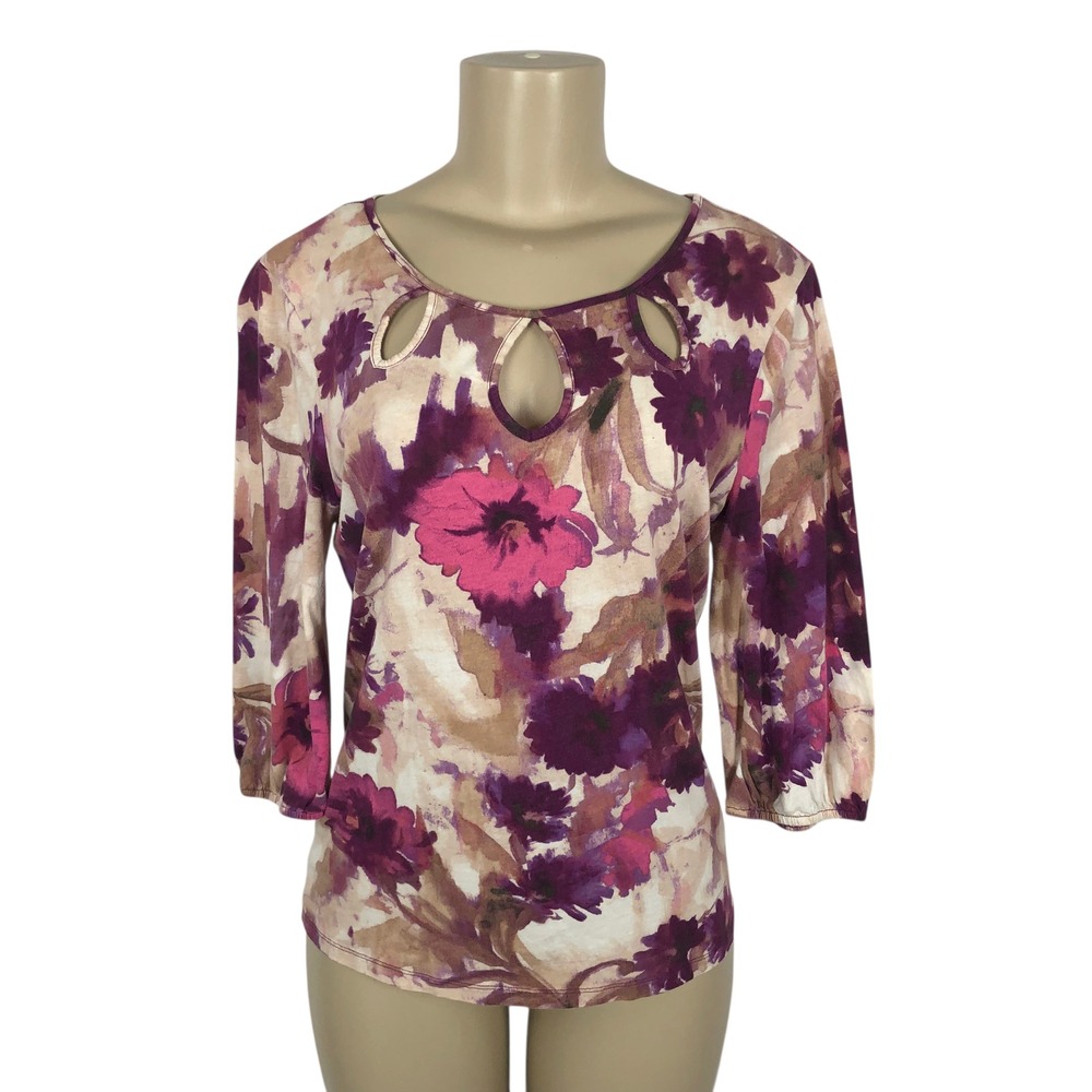 Ann Taylor Floral Print‎ Cut Out Keyhole Top Size L Modal Blend Office Career
